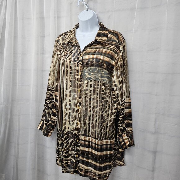 Chico's Brown Button Down Leopard Tunic Metallic Sheer Mobwife 2 (L) - Picture 6 of 12